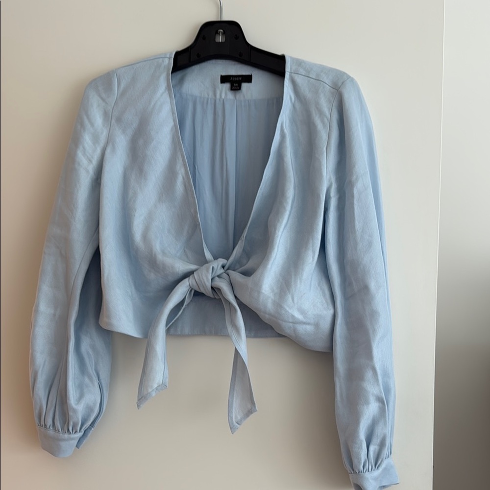 J. Crew Blue Puff Sleeve Tie Front Crop Blouse